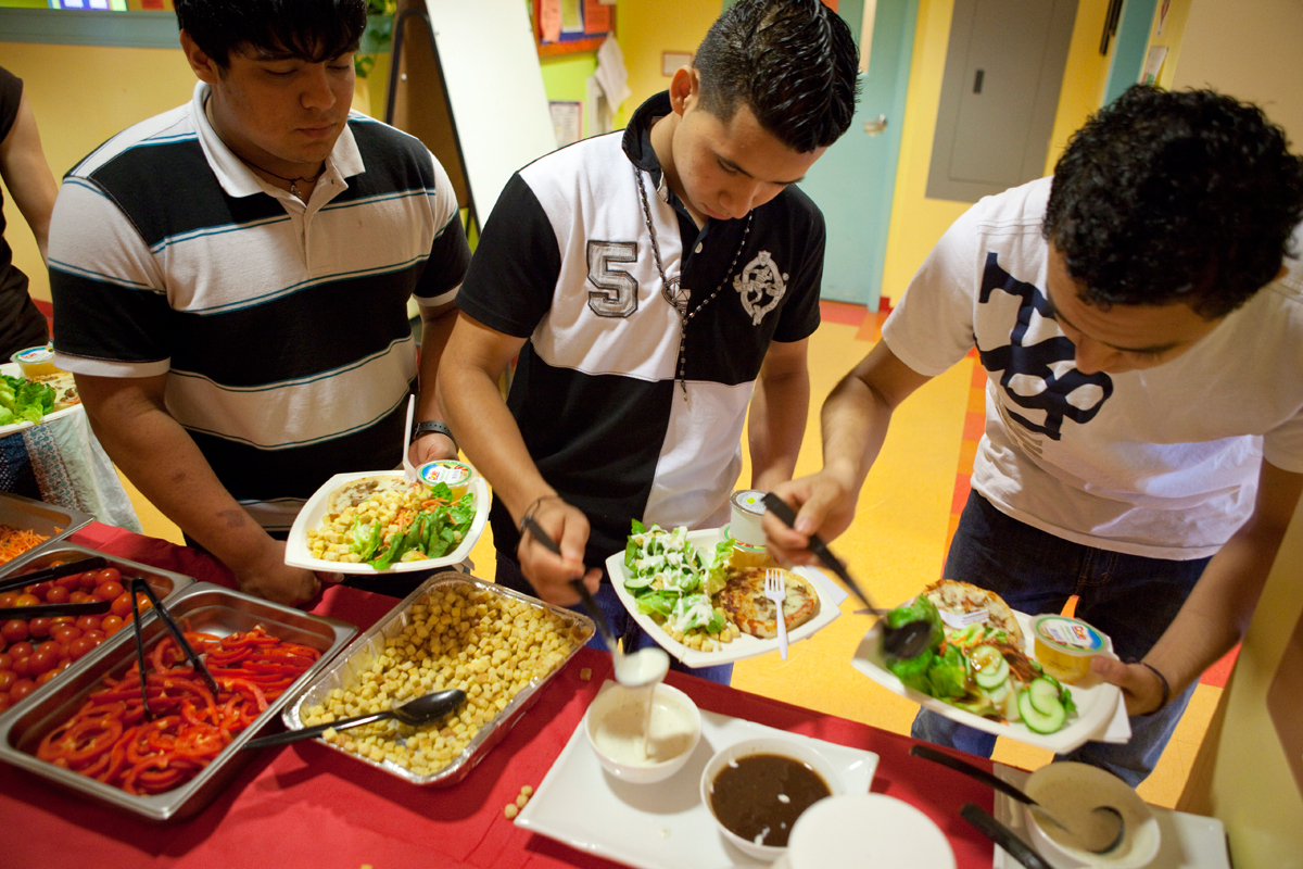 students getting a school lunch