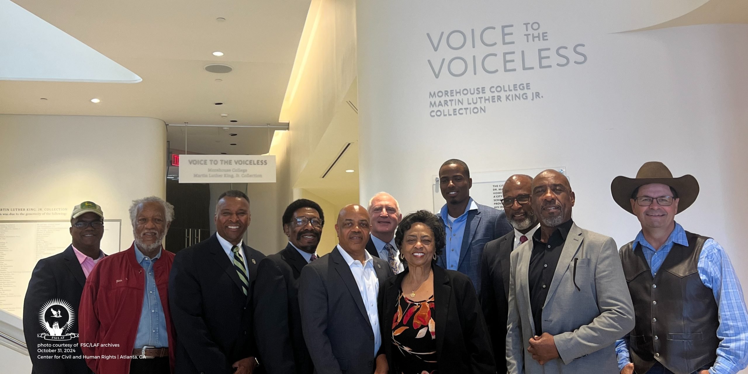 Dr. Reginald Smith, Alabama Cattle Farmer; Ben Burkett, Mississippi Vegetable Farmer, Dr. Basil Gooden, USDA Rural Development Under Secretary; Dr. Calvin R. King Sr.; President and CEO of Arkansas Land and Farm Development Corp. (ALCDC), Cornelius Blanding, Executive Director, Federation of Southern Cooperatives/LAF; Andrew Jacob, Chief Operating Officer, CoBank; Shirley Sherrod, Executive Director for the Southwest Georgia Project; Willis Nelson, Louisiana Cotton Farmer; Dewayne Goldmon, Senior Advisor for Racial Equity USDA Office of the Secretary; Cornelius Key, Georgia PeanutFarmer; Zach Ducheneaux, Administrator, Farm Service Agency Photo Credit: Federation for Southern Cooperatives/ Land Assistance Fund Archives