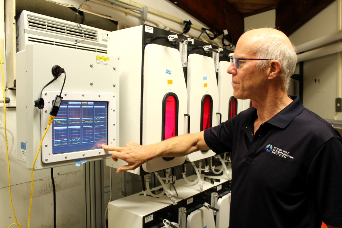Scott Lindell stands in front of a seaweed bioreactor in his lab at Woods Hole Oceanographic Institution. (Photo credit: Alexandra Talty)