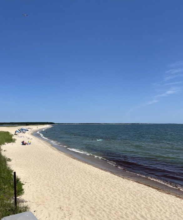 a serene, small beach in a bay on a sunny day. sunbathers can be see in the background
