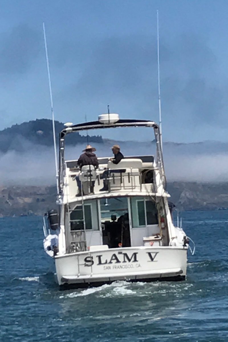 Stanley Ross's boat, the Slam V, heads back to dock at the Sausalito Yacht Harbor. Why the V? Author Ross says,