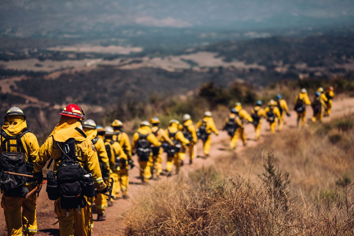 A line of firefighters battle a blaze. Photo courtesy of ARC.