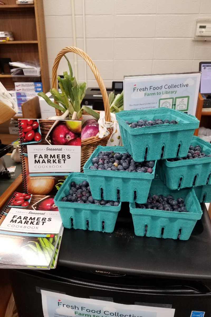 The Schuylerville Library in Schuylerville, New York, regularly distributes fresh fruit and cookbooks. (Photo credit: Farm 2 Library)