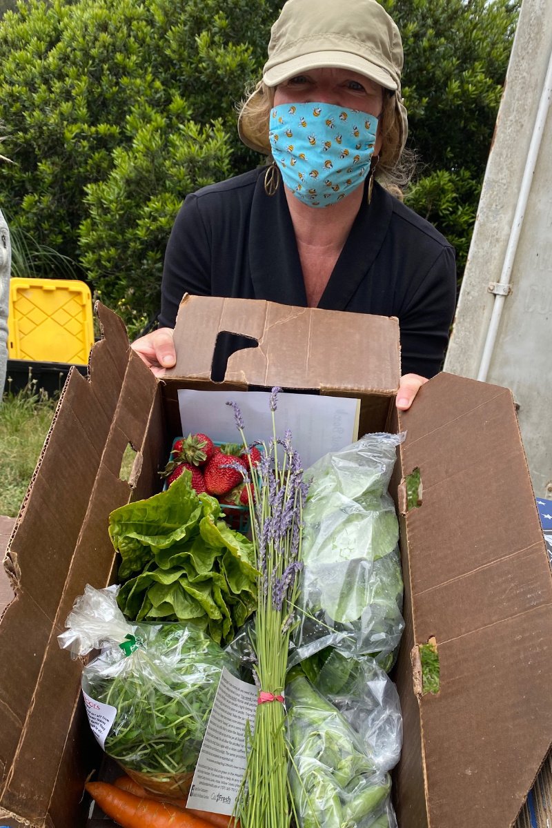 Humboldt County Food Hub volunteer Jennifer Bell helps pack Harvest Boxes in 2020 for distribution during the pandemic. The Harvest Boxes were part of the North Coast Growers' Association food hub, created in part as a result of the Partnership. (Photo credit: Megan Kenney)