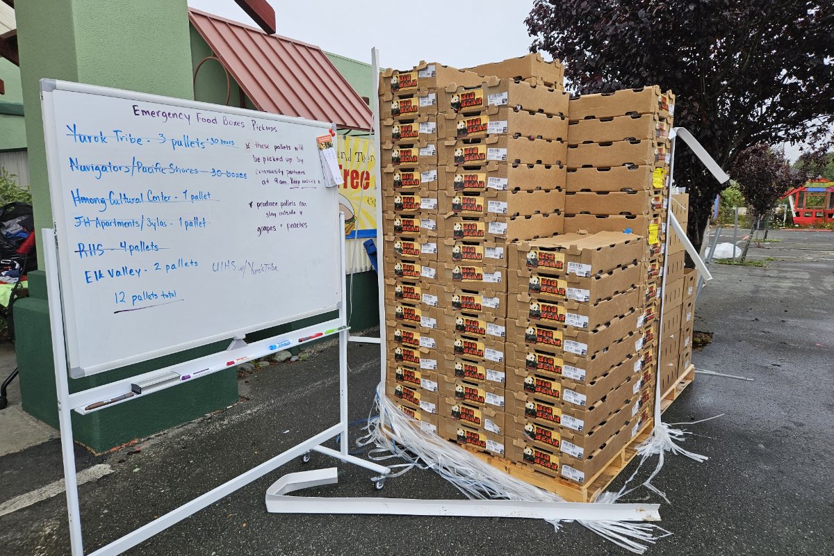 Emergency food boxes outside the Family Resource Center of the Redwoods food bank during the Smith Complex Fire in 2023. The board shows the number of emergency food boxes distributed to the rural communities in Del Norte County. (Photo credit: Iya Mahan)