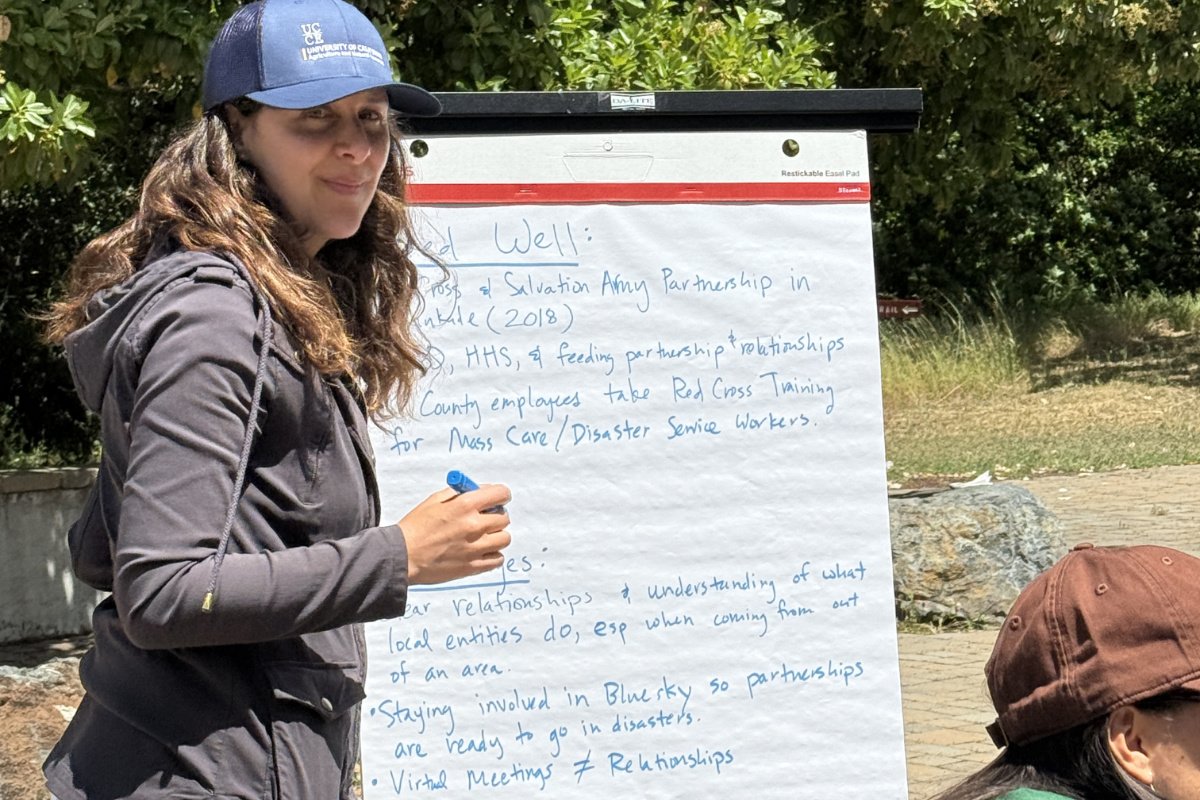 Julia Van Soelen Kim facilitates a workshop for food system and emergency response professionals at the Partnership’s May 2025 convening. (Photo courtesy of The North Coast Emergency Food System Partnership)