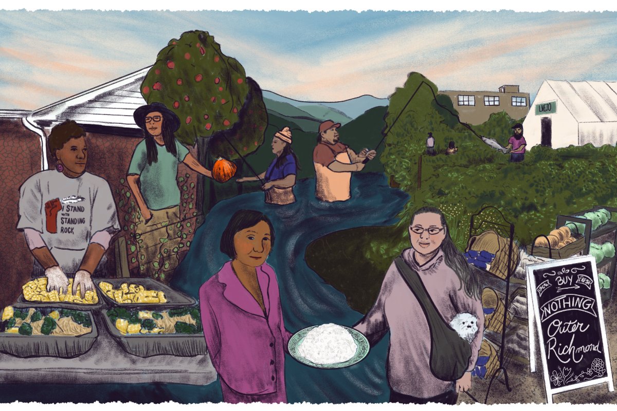 A colorfully hand drawn image of diverse people working in food mutual aid, from a bbq'er to someone holding a bowl of rice, and more