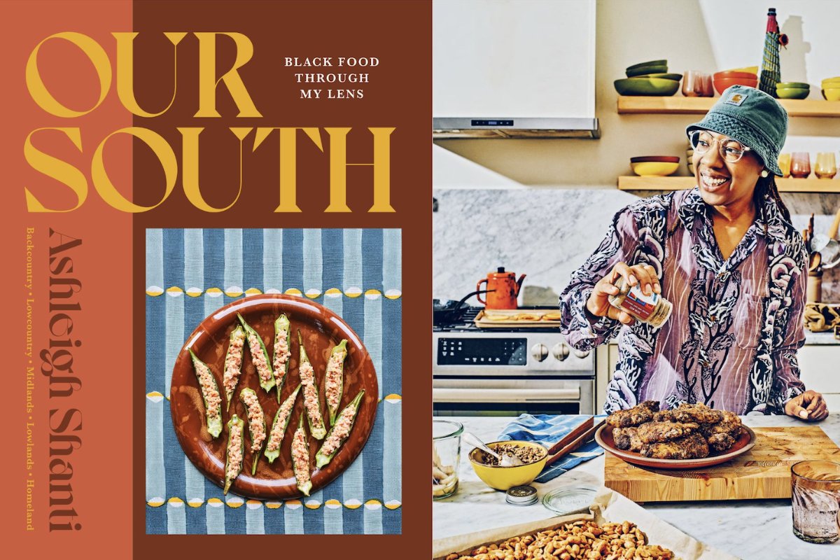 a collage image of a book cover named Our South, and an image of an African American woman chef cooking in a kitchen