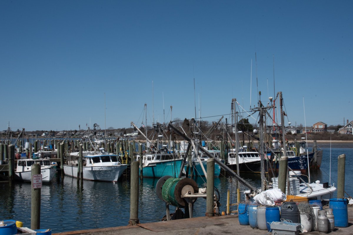 multiple colorful small boats line a small harbor in Rhode Island on a sunny day with blue skies