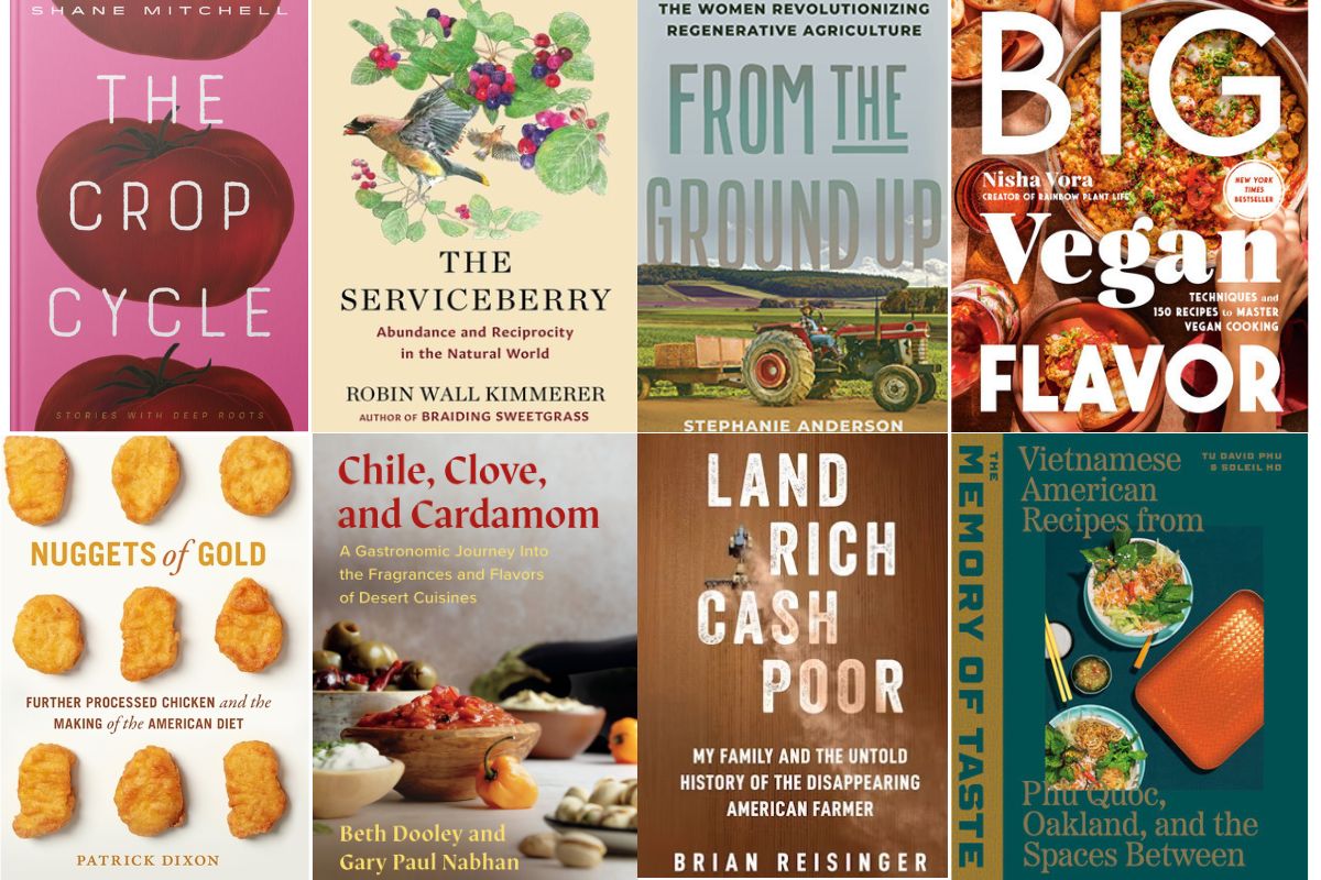 a collage of 8 colorful book covers about food and farming